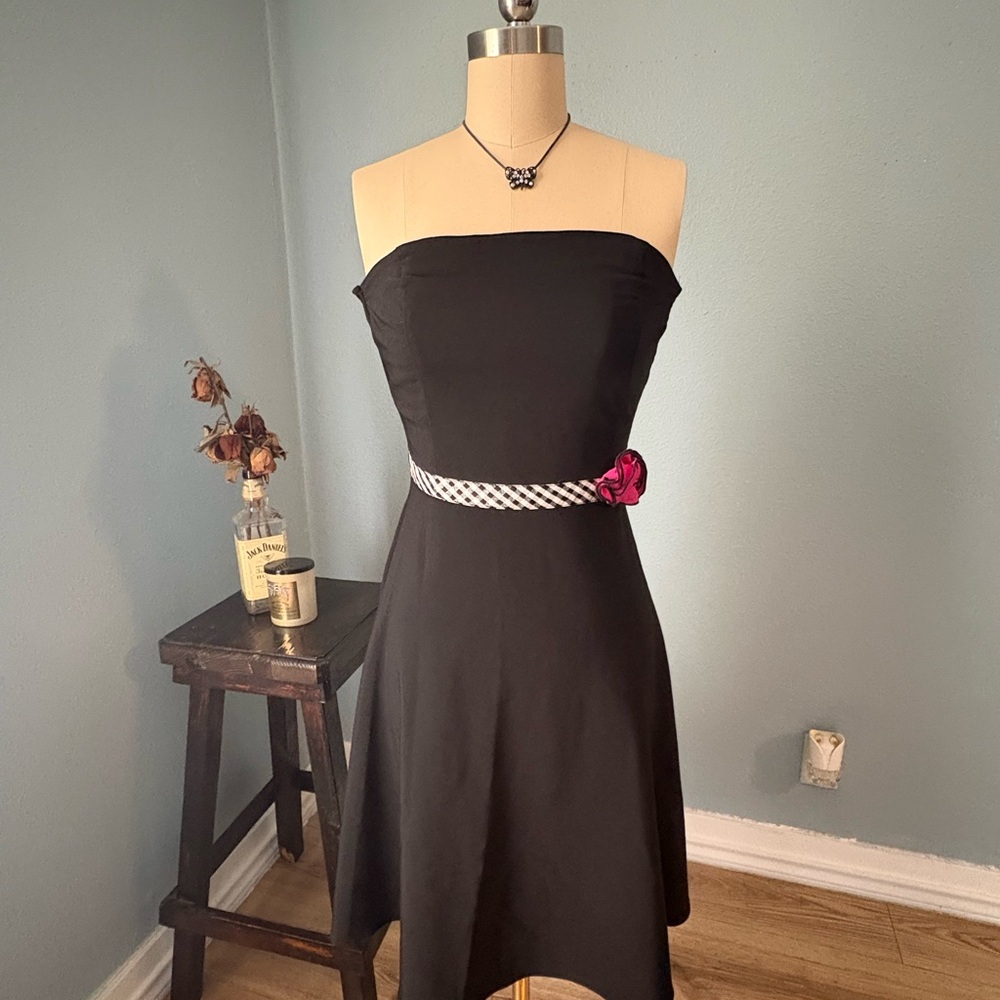 Ruby Rox Strapless Black Dress with White Accent Belt and Pink Flower